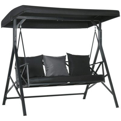 DSVIMOY 3-Seat Patio Swing Chair, Porch Swing Glider with Cushion, 3 Throw Pillows & Adjustable Canopy, Black, 74.75"*47.25"*70"