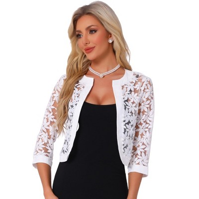Allegra K Women's Floral Lace 3/4 Sleeve Cropped Open Front Elegant Bolero Cardigan