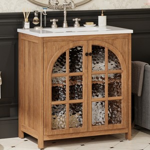 Grungis Farmhouse Bathroom Vanity with Ceramic Sink,Modern Rustic Bathroom Cabinet with Bronze Pulls and 2 Soft-Closing Doors - 1 of 4