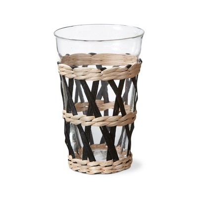 tagltd Island Collection Claer Glass Short Tumber Drinkware with Cattail Straw and Paper Weave Sleeve, 14 oz.