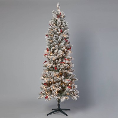 7' Pre-Lit Slim Flocked Virginia Pine Hinged Artificial Christmas Tree with Red Berries Clear Lights - Wondershop™