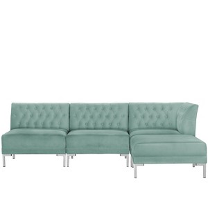 4pc Audrey Diamond Tufted Sectional Teal Velvet and Silver Metal Y Legs - Cloth & Co., Blue Velvet