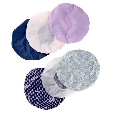 Conair Standard Size Elastic Edge Value Pack Shower Cap Set includes both solid and prints - 6pk