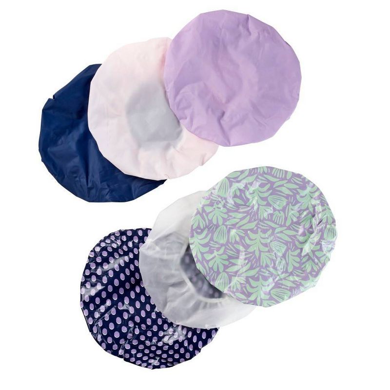 Conair Standard Size Elastic Edge Value Pack Shower Cap Set includes both solid and prints - 6pk, 4 of 7