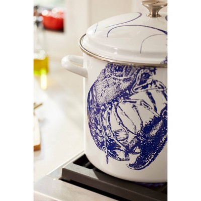 Blue Coastal Enamel Steel Stockpot with Lobster Print, 16 Qt.