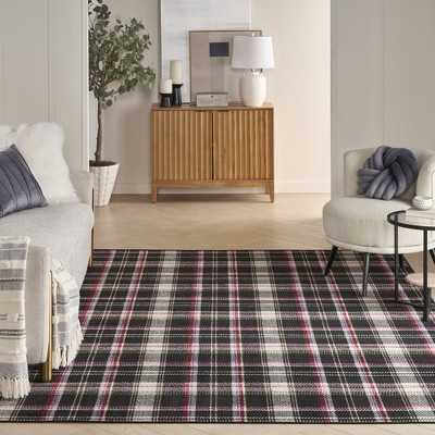 Hand-Knotted Black Plaid 8' x 10' Synthetic Area Rug