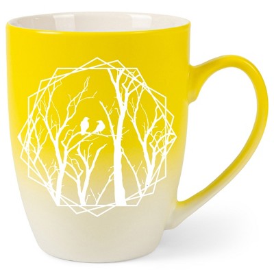 Elanze Designs Birds and Branches Two Toned Ombre Matte Yellow and White 12 ounce Ceramic Stoneware Coffee Cup Mug