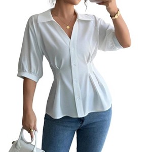Coolmee Women's Button Down Shirts Lapel V Neck Pleated Blouse Peplum Tops Business Work Tops - 1 of 4