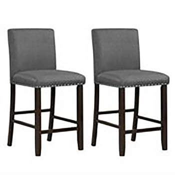 Tangkula Set of 2 Bar Stools Linen Fabric Counter Height Chairs for Kitchen Island Grey