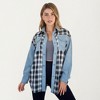 Anna-Kaci Women’s Denim and Plaid Contrast Shacket with Snap Button Front Oversized Chest Pockets and Layering Silhouette - 2 of 4