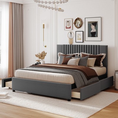 Queen Size Upholstered Platform Bed With Classic Headboard And 4 ...