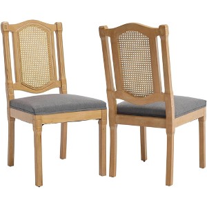 QingMoon Vintage Dining Chairs Set of 2, Wooden Decor Chairs with Square Rattan Backrest and Linen Upholstered Seat for Living Room - 1 of 4