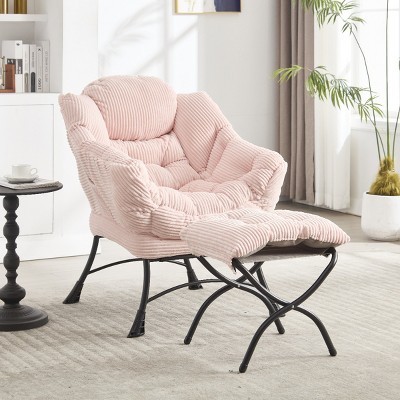Modern Lazy Chair with Ottoman, Accent Chair with Armrests and a Side Pocket, Cotton Reading Chair with Footrest-Coolbibila