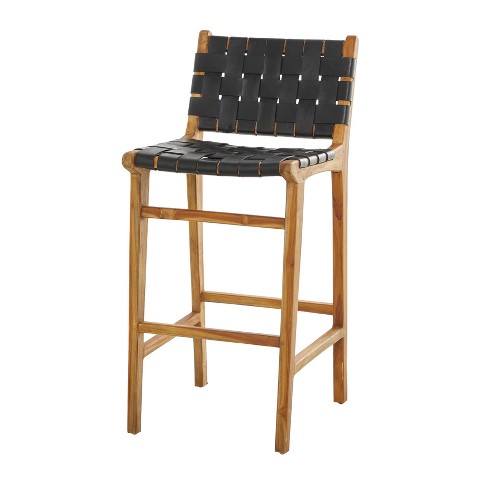 Modern Teak Woven Leather Barstool Black Olivia May