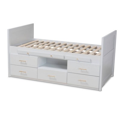 White Twin Wood Frame Storage Bed with Pull-Out Desk