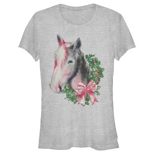 Juniors Womens Lost Gods Christmas Wreath Horse T-Shirt - 1 of 4