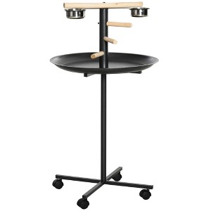 PawHut Bird Play Stand, Portable Parrot Perch, Bird Feeder Station, with Four Wheels, Stainless Steel Feeding Bowls, Round Tray, Grey - 1 of 4