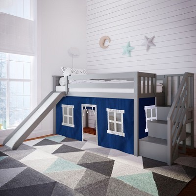 Max & Lily Twin Low Loft with Stairs and Slide with Curtains