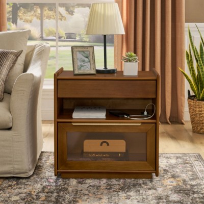 Nightstand with Charging Station with Two Drawers and Glass Cabinet Open Shelf with Outlet Hole for Bedroom Living Room or Dorm-The Pop Home