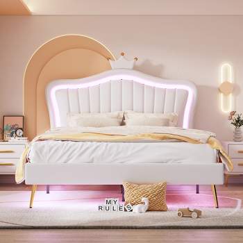 Queen/Full Size Upholstered Platform Bed Frame with LED Lights, Princess Bed with Crown Headboard-ModernLuxe