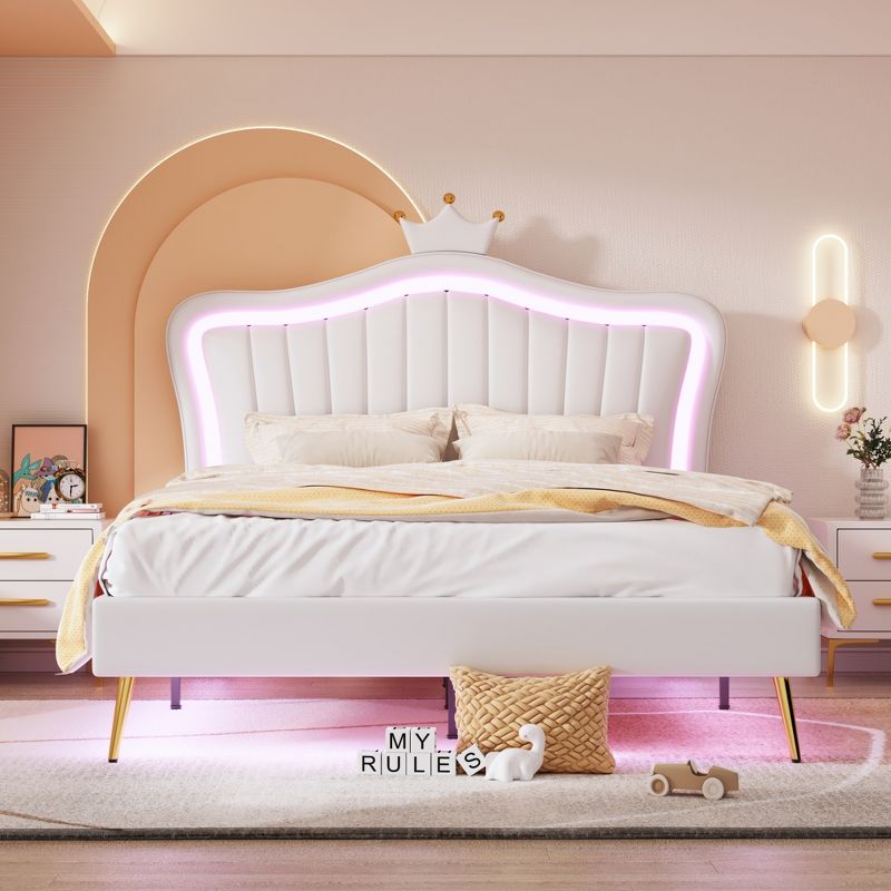 Queen/Full Size Upholstered Platform Bed Frame with LED Lights, Princess Bed with Crown Headboard-ModernLuxe, 1 of 14