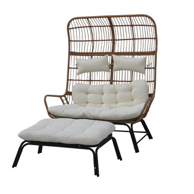Indoor Outdoor Double Egg Chair with Ottoman Padded Cushions,Wicker Lounge Chair Deep Seating Chair with Footrests,Loveseat for Patio Porch Backyard