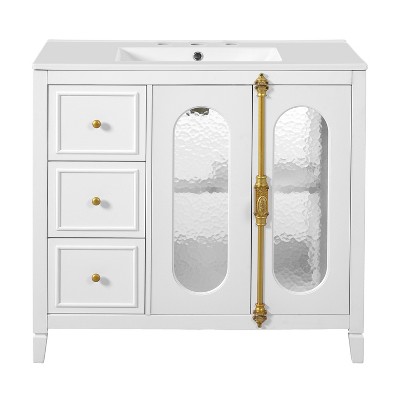 Vynxaria 36 in. 1 Freestanding White Bath Vanity with White Ceramic with 2 Soft Close Doors with 3 Drawers