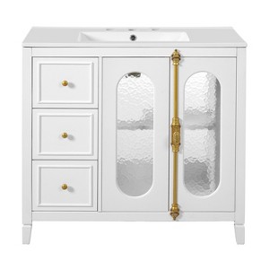 Vynxaria 36 in. 1 Freestanding White Bath Vanity with White Ceramic with 2 Soft Close Doors with 3 Drawers - 1 of 4