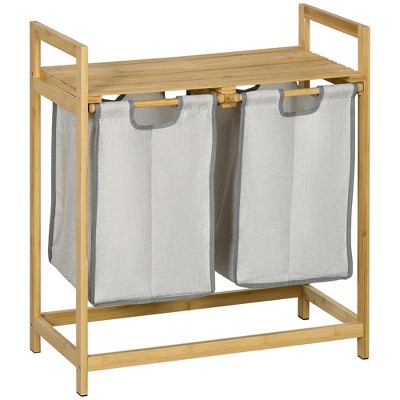 DOMETOUR HOMCOM Bamboo Laundry Hamper 2-Section Basket w/ Shelf & Removable Bags, 2x10.7 Gal Natural/Dark Gray for Bedroom/Bathroom/Laundry Room