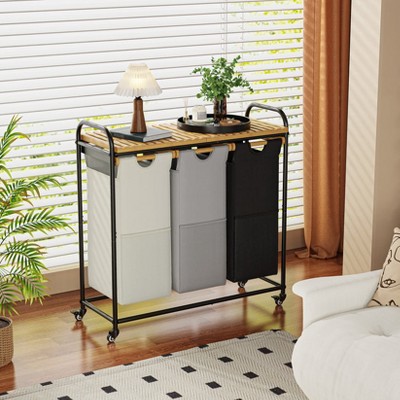 Acoinel 100L/120L Bamboo Freestanding Laundry Hamper With Wheels, Storage Shelf and 2 Sliding Bag