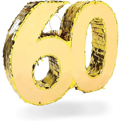 Sparkle and Bash 60th Gold Foil Pinata Number for Birthday and 60 Year Diamond Anniversary Party Supplies Decorations, 16.5 x 13 inches