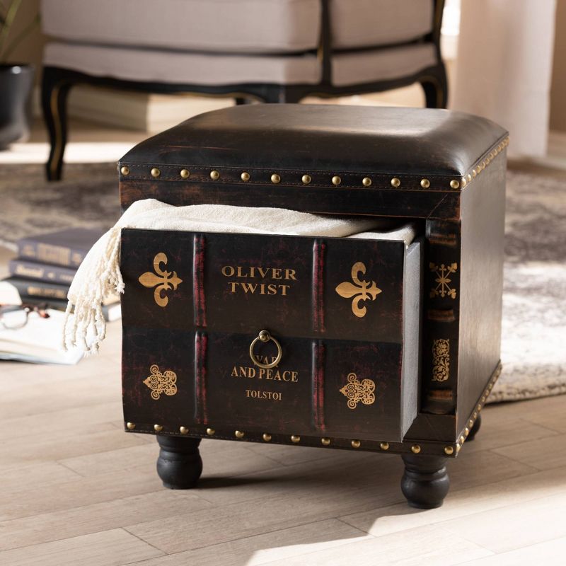 Charlier Faux Leather Wood Storage Ottoman with Book Spine Drawer Brown - Baxton Studio, 3 of 12