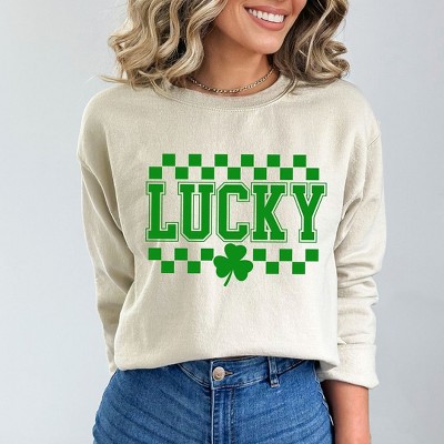 Simply Sage Market Women's Graphic Sweatshirt Checkered Lucky Shamrock
