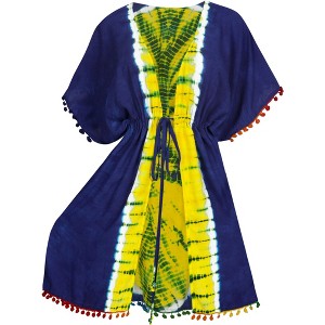 LA LEELA Women's Summer Holiday Beachwear Mini Bathing Suit Front Open Slouchy Vacation Swimwear Coverups Duster Cardigans 2X-3X Blue, Tie Dye Design - 1 of 4