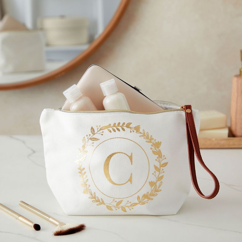 Gold Initial C Personalized Makeup Bag for Women, Monogrammed Canvas Cosmetic Pouch (White, 10 x 3 x 6 In), 2 of 9