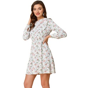 INSPIRE CHIC Women's Floral Ruffle Trim Doll Collar Smocked Waist A-line Dress - 1 of 4
