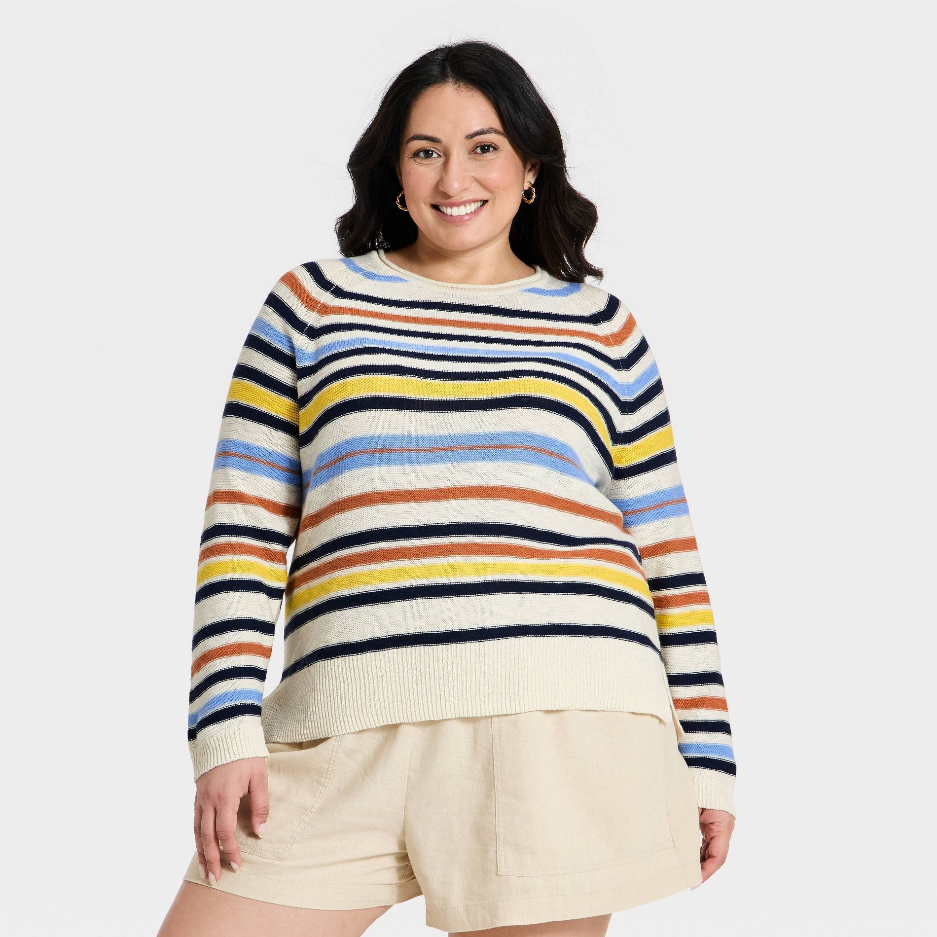 Women's Long Sleeve Crewneck Beach Pullover Sweater - Ava & Viv™ Nautical Striped