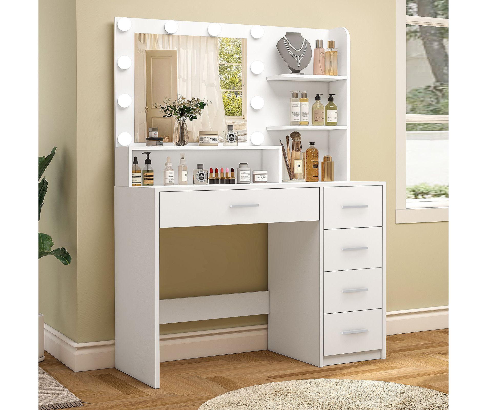 USIKEY Makeup Vanity Desk with Mirror & Lights, Vanity Desk with 5 Drawers & Storage Shelves for Bedroom, White
