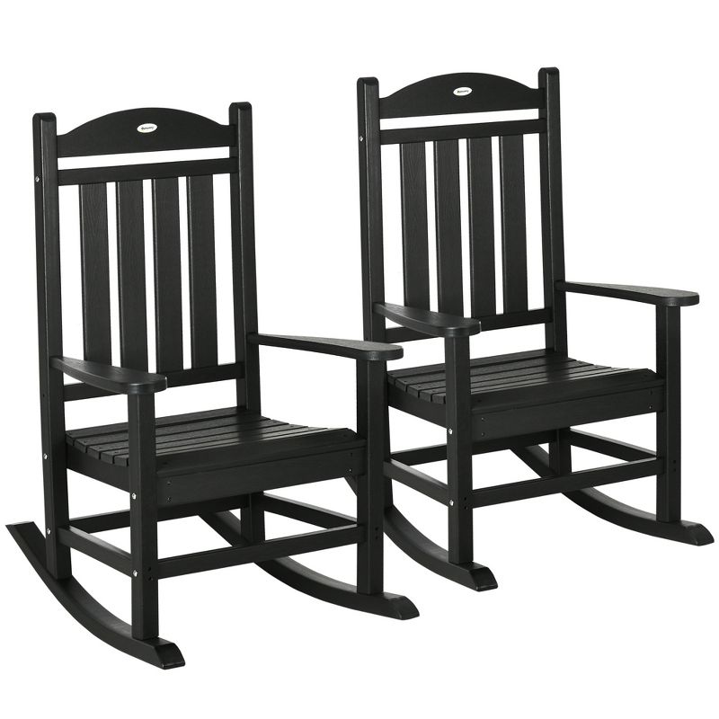 Outsunny Outdoor Rocking Chair, 2PCs Traditional Slatted Porch Rocker with Armrests, Fade-Resistant Waterproof HDPE for Indoor & Outdoor, Black, 1 of 7