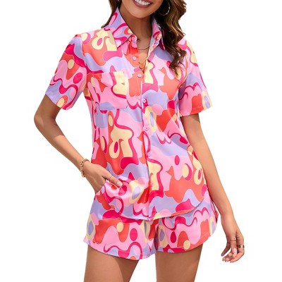 Womens Summer Pajama Sets Front Button Down Short Sleeve Shirts with Shorts Floral Summer Resorts Outfits Casual Co-ord Sets,Rose - S