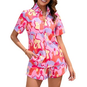 Womens Summer Pajama Sets Front Button Down Short Sleeve Shirts with Shorts Floral Summer Resorts Outfits Casual Co-ord Sets,Rose - 2XL - 1 of 4