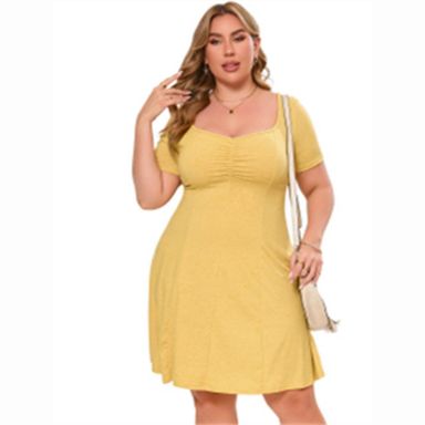 Clearlove Women's Short Sleeve Dress Square Neck Casual Flowy Swing Knitting Knee Length Dress Yellow XL