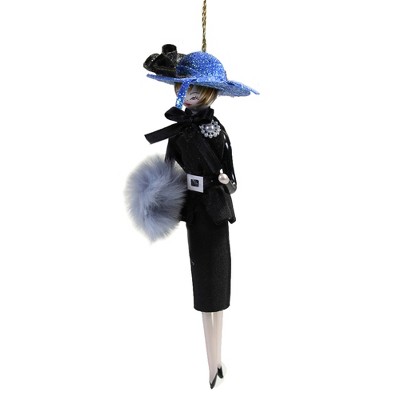 Italian Ornaments 6.75" Lady In Balck Suit And Blue Hat Ornament Italian Couture Diva  -  Tree Ornaments