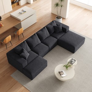 KWPZQEB 132" Sectional Boneless Couch Set, Convertible L-Shaped Cloud Couches With Pillows, 6-Seat Modern Couch Sofas with 2 Ottomans for Living Room - 1 of 4