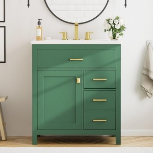 FAMYYT 30 in. Single Sink Freestanding Green Bath Vanity with White Ceramic Top, Adjustable Shelves - 1 of 4