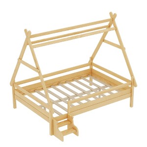 KWPZQEB Twin/Full Size Platform Bed, Montessori Wooden Bed Frame with House Design, Fence & Built-in Stairs, Low Profile Floor Bed for Kids - 1 of 4