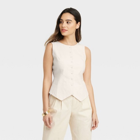 Flap Pocket Button Down Knit Vest in Cream