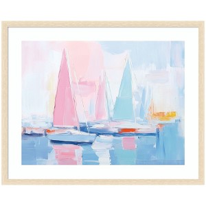 Kate and Laurel Framed Art Abstract Sailboat Harbor Landscape by The Creative Bunch Studio, 42x34, Woodgrain Stripe Blonde - 1 of 4