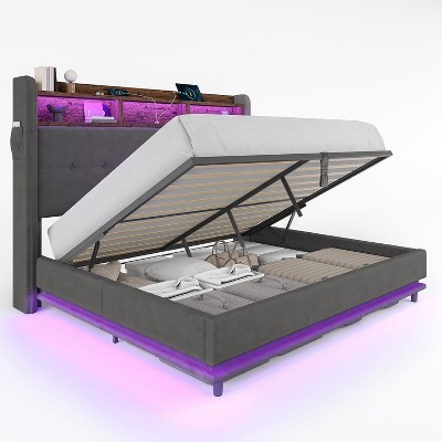 AMERLIFE Bed Frame 53.1"H with Lift Storage, Headboard Storage & RGB LED