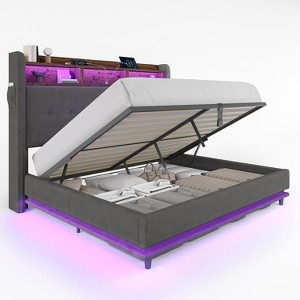 AMERLIFE Bed Frame 53.1"H with Lift Storage, Headboard Storage & RGB LED - 1 of 4